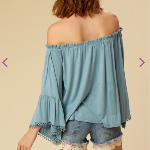 Altar’d State Blue Bardot Off Shoulder Cream Embroidered Bell Sleeve Blouse - Picture 14 of 15